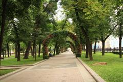 Street scene in Moscow with people and buildings in August 2016