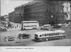 Old Russian doubledecker YATB-3 bus in Moscow in the late 1930s or early 1940s