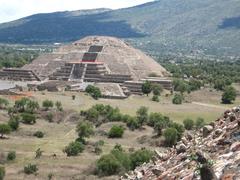Aerial view of the ancient city of Teotihuacan with Pyramid of the Sun at the center under a clear sky in June 2007