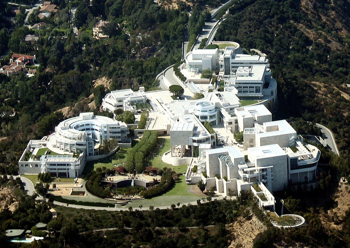 Aerial view of Getty Center museum in Brentwood, Los Angeles from the south