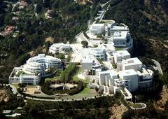 Aerial view of Getty Center museum in Brentwood, Los Angeles from the south