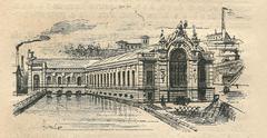 Historic drawing of the Forces Motrices power plant in Geneva from 1894