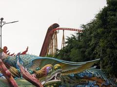 Colorful water fountain and sculptures in Suoi Tien Park in July 2023
