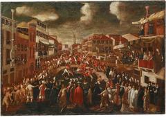 Painting depicting the Battaglia dei Pugni fight on the San Barnaba bridge in Venice