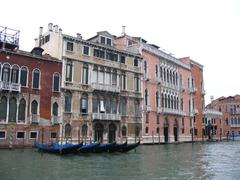 View of historic Venetian palaces along the Grand Canal in Venice Italy