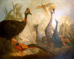 Colorful painting of various birds perched on tree branches