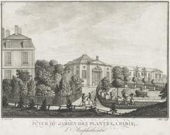 View of Jardin des Plantes garden in Paris with historic buildings and lush greenery
