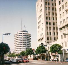 Capitol Records Building in Hollywood seen from Hollywood & Vine intersection