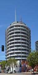 Capitol Records Building in Los Angeles under cloudy sky in July 2022