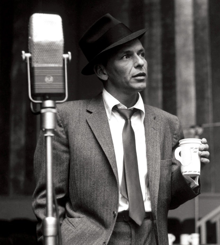 Frank Sinatra holding a paper coffee cup in Capitol Records Studio A during the recording of his 1956 album Songs for Swingin' Lovers!