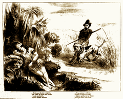 Caricature depiction of Argentina's Bartolomé Mitre and Carlos Tejedor as a barking dog awakening a Brazilian giant resting on a lion symbolizing Brazilian people