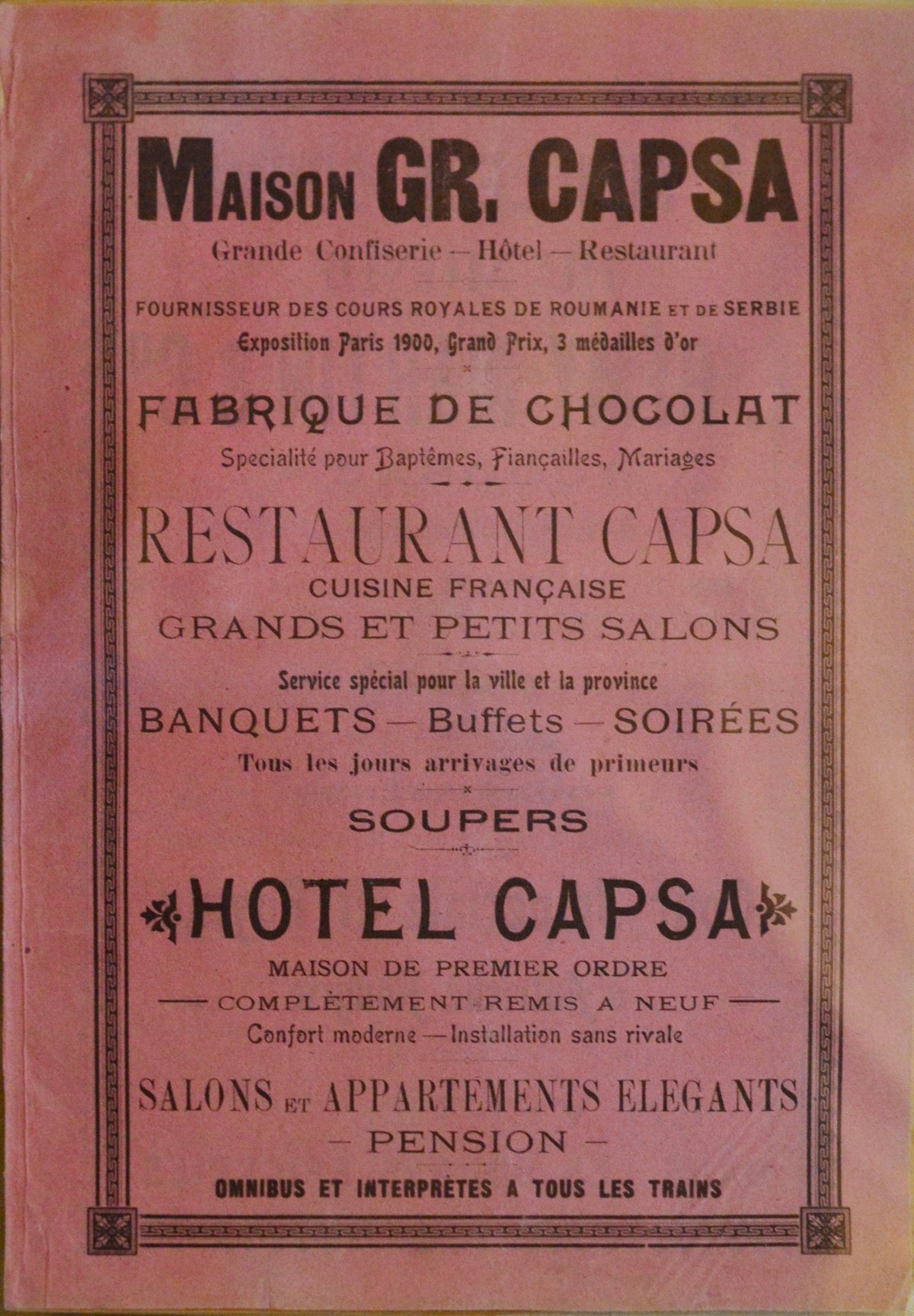 French advertisement for Grigore Capșa chocolatier and Capșa hotel and restaurant in early 20th century Bucharest
