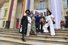LGBTIQ+ pride event at Casa de Nariño with diverse crowd and colorful flags