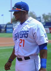 USAF Warfare Center commander Maj. Gen. Jay Silveria sharing story with Las Vegas 51s right fielder Cesar Puello before ceremonial first pitch at Cashman Field