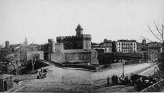 The Castillet fortress with the Basse river and two bridges in Perpignan