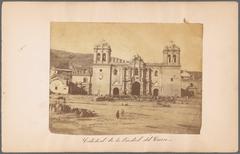 Historical black and white photo of the Cathedral of Cusco in 1868