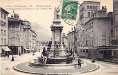 Old postcard showing Monument du Centenaire and Cathedral in Grenoble