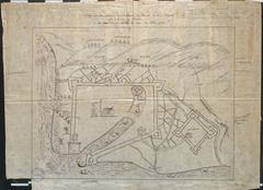 Historical plan of Le Havre dated July 15, 1563, showing city fortifications, gates, Grosse Tour, English-dug fosses, Fort Warwick citadel, French royal army camp at Ingouville hill, and damaged Notre-Dame church with its tower