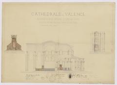 Restoration work in progress at Cathédrale de Valence in 1851 showing floor tiling and furniture being moved and restored