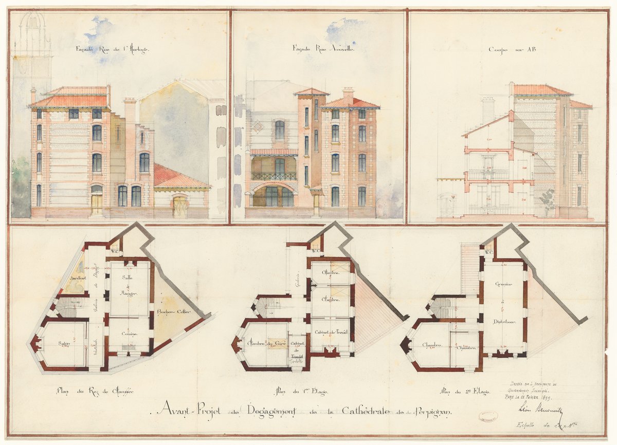 Historical architectural project sketch for clearing the surroundings of Perpignan Cathedral by Léon Bénouville in 1899