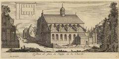 17th century engraving showing the view and plan of the Church of Charity in Paris with urban landscape and religious architecture