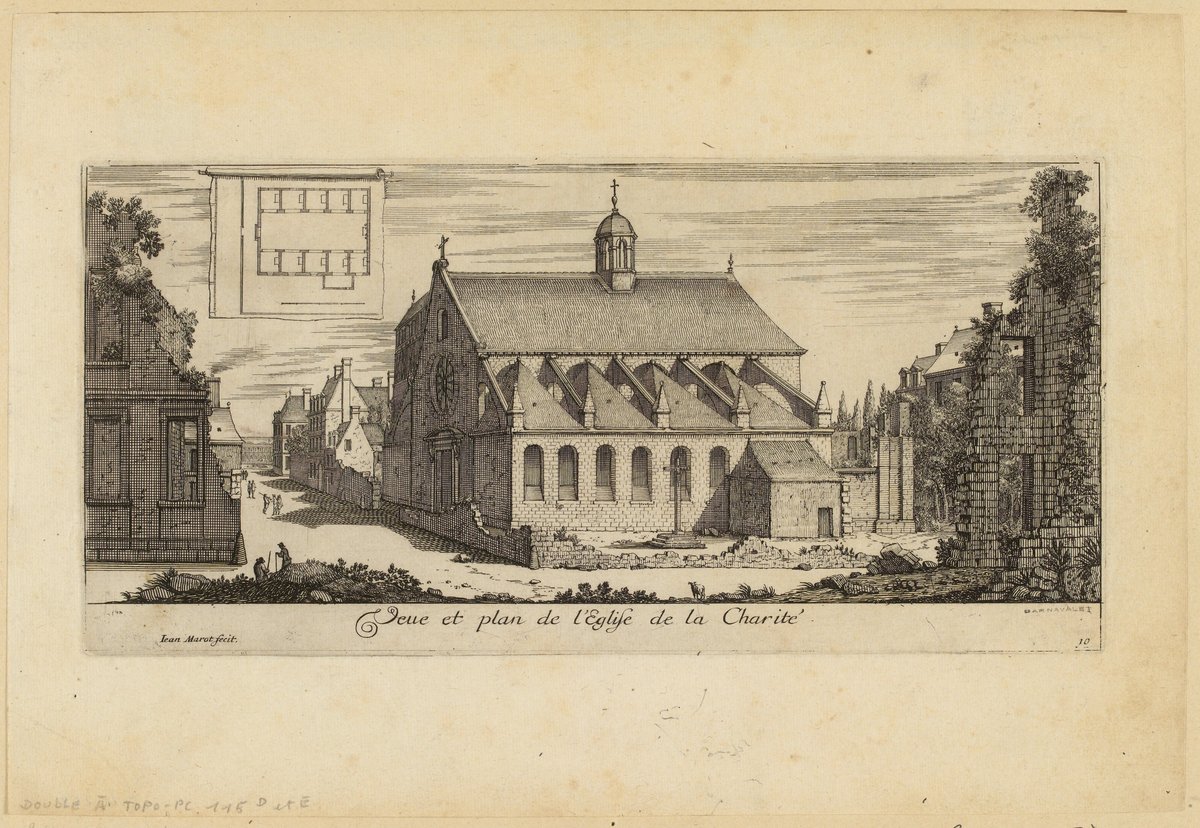 Engraving of the Church of Charity in Paris showing architectural view and urban landscape from 17th century