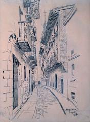 Historic street view of Calle de la Herrería in Vitoria with buildings and people from 1917