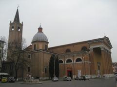 Front view of Duomo di Forlì Cathedral in Italy with clear blue sky