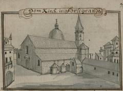 Illustration of a spiritual journey with a pilgrim in historical clothing holding a staff and resting beside a tree
