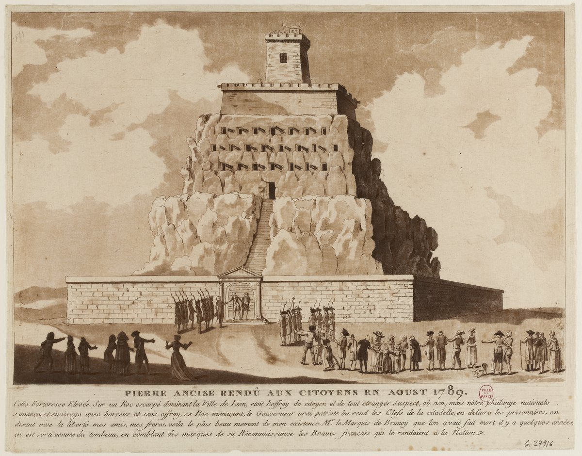 Historical engraving showing the liberation of prisoners from the Pierre-Ancise fortress by Lyon patriots in August 1789, with detailed architecture and crowd scene