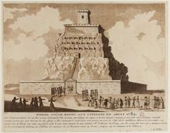 Historical engraving showing the liberation of prisoners from the Pierre-Ancise fortress by Lyon patriots in August 1789, with detailed architecture and crowd scene