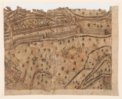 16th century scenic map of Lyon, France, west-oriented, detailed city layout with colored engraving, circa 1550