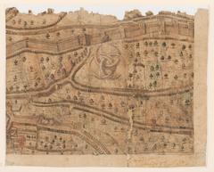 16th century panoramic map of Lyon oriented west, first precise representation of the city around 1550 with colored engraving plates