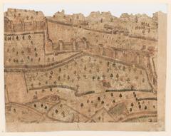 16th century scenic map of Lyon showing city walls under construction with workers at the base, oriented to the west, circa 1550