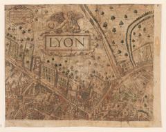 16th century scenic map of Lyon oriented westwards showing the detailed city layout with walls and landmarks.