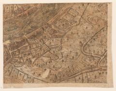 16th century scenic map of Lyon oriented west showing city layout and medieval fortifications