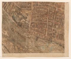 16th century scenographic plan of Lyon oriented west showing detailed city layout with buildings and landmarks including the former Cordeliers convent and a Rhône river embankment
