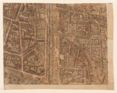 16th century detailed engraved plan of Lyon oriented west showing city layouts including Terreaux moat, old pig market, Saint-Pierre abbey, slopes of Croix-Rousse, Presqu'île fortifications and Rhône river with boats and mills