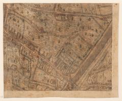 16th century scenographic plan of Lyon orientated west showing detailed city layout with historical buildings and walls