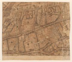 16th century detailed map of Lyon oriented west, showing city layout and buildings with royal insignia, circa 1550