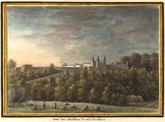 View of the old Château de la Duchère with peasants and cows in the foreground, woods and fortifications in the middle ground, and the château with towers in the background