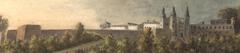 View of the old Château de la Duchère with peasants and cows in the foreground, woods and fortifications in the midground, and the château with its towers in the background, circa 1825