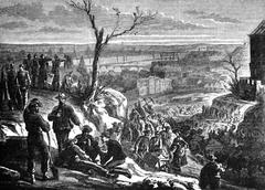 Bourgeois of Lyon working on the fortifications in historic city view