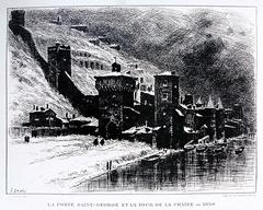 Historical drawing of Porte Saint-George and La Tour de la Chaîne in Lyon in 1650