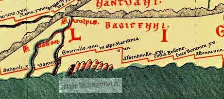 Peutinger Table showing the location of the Maritime Alps and Cemenelum area (Cimiez)