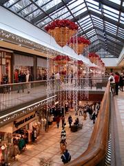 Rideau Centre decorated with Christmas lights and decorations at night in Ottawa