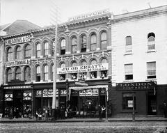 Historic view of Rideau Street in Ottawa, 1888 with old buildings and horse-drawn carriages