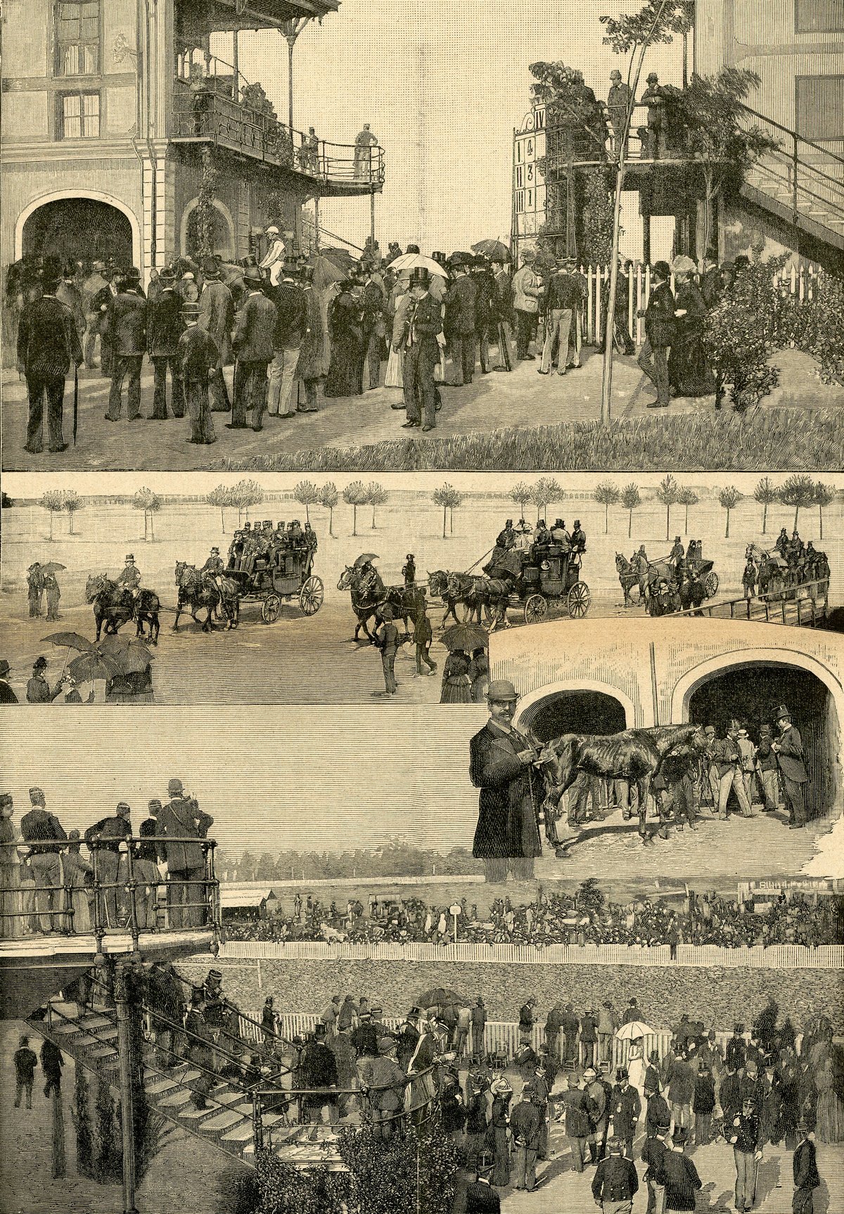 Woodcut artwork of horse races at San Siro in Milan