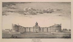 Lithograph of the Provincial Lunatic Asylum with prominent dome on Queen Street West Toronto
