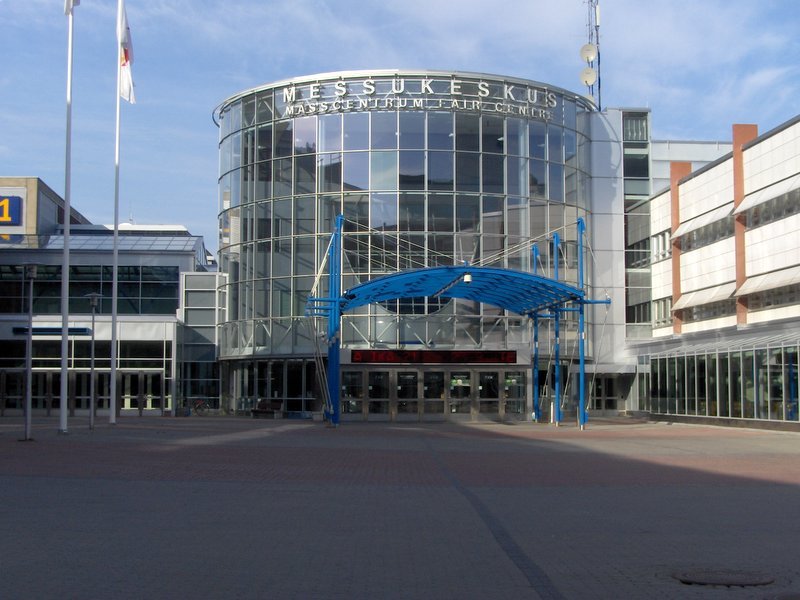 Modern convention center building with glass facade and large windows in Helsinki